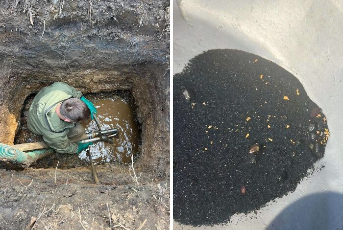 Man working in muddy trench with safety gloves in risky survival situation