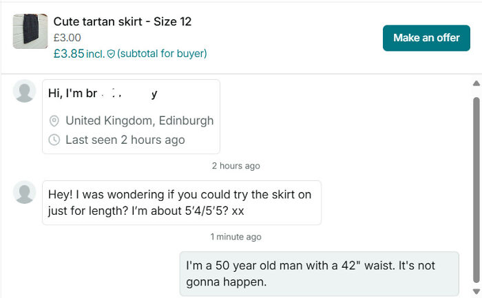 Vinted message where buyer asks seller to try on skirt for length and seller refuses