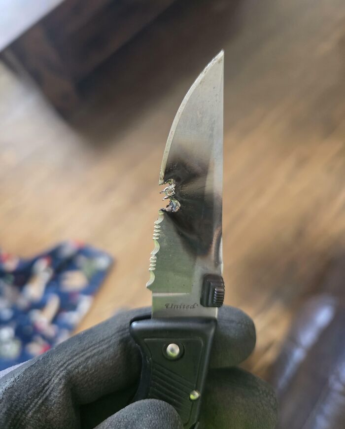 Damaged knife blade with melted part showing risky tool use