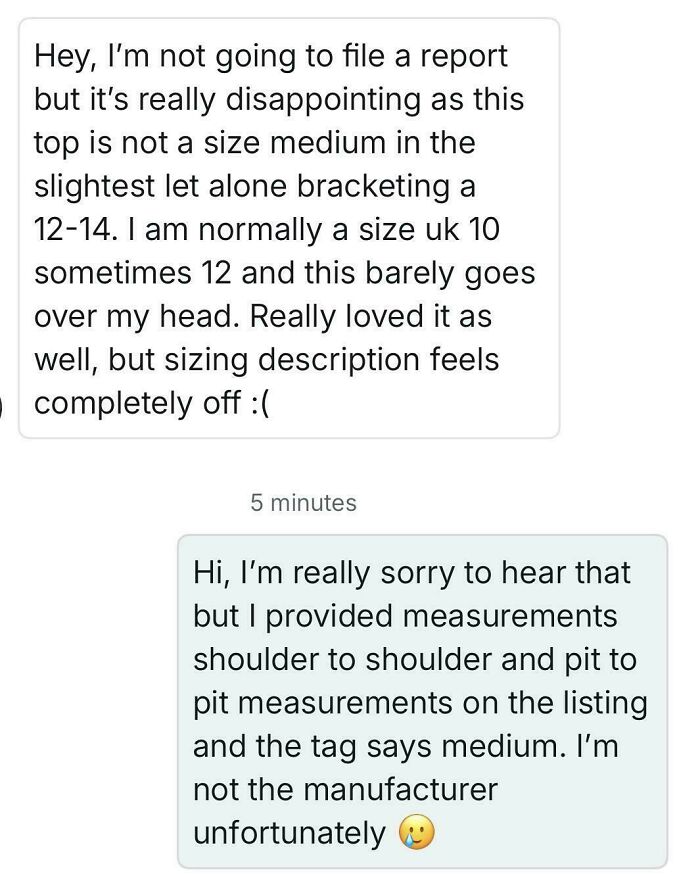 Chat conversation about clothing size discrepancy and seller's response on Vinted