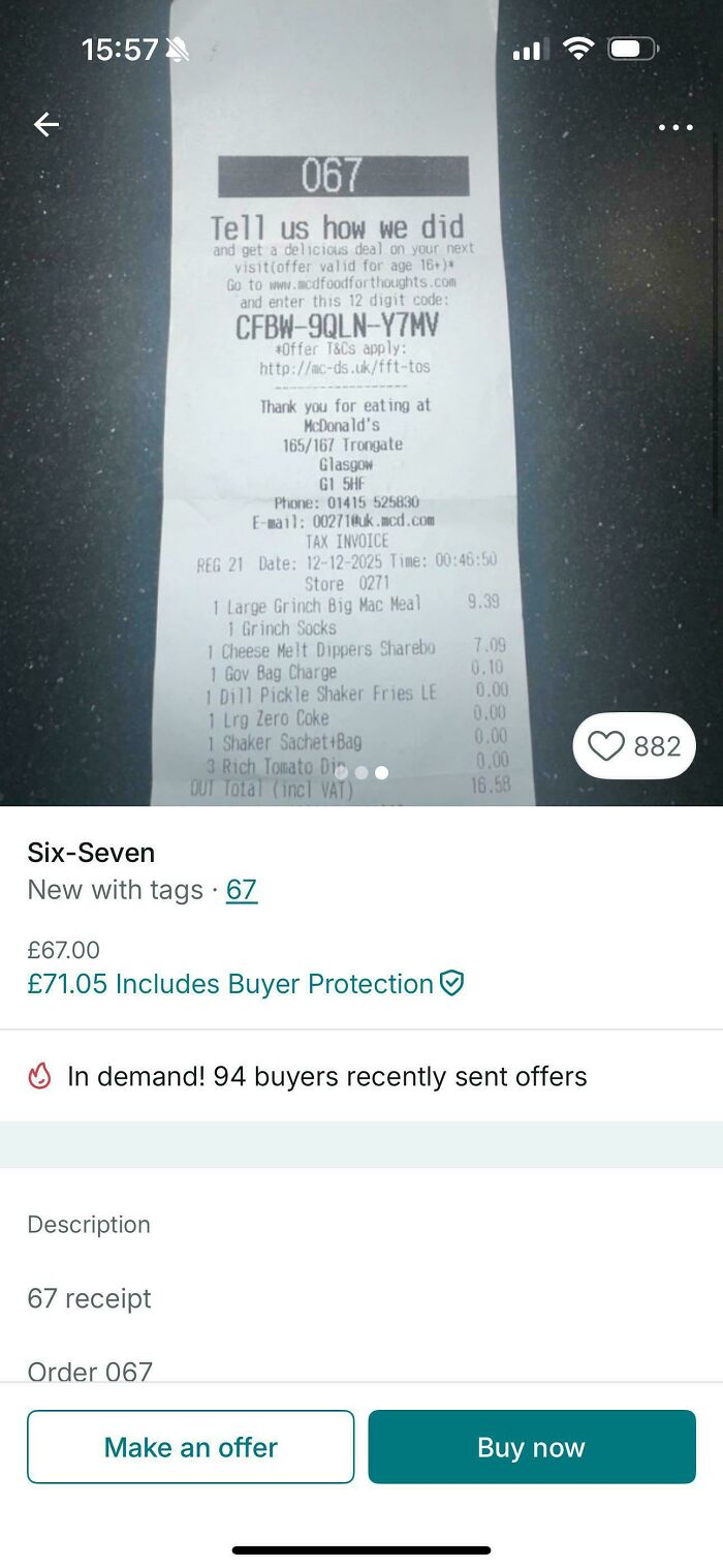 Listing showing a receipt being sold as an item on Vinted