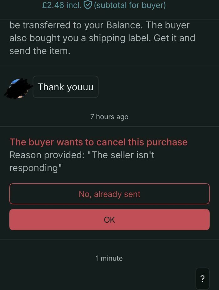 Vinted message with buyer wanting to cancel purchase claiming no seller response