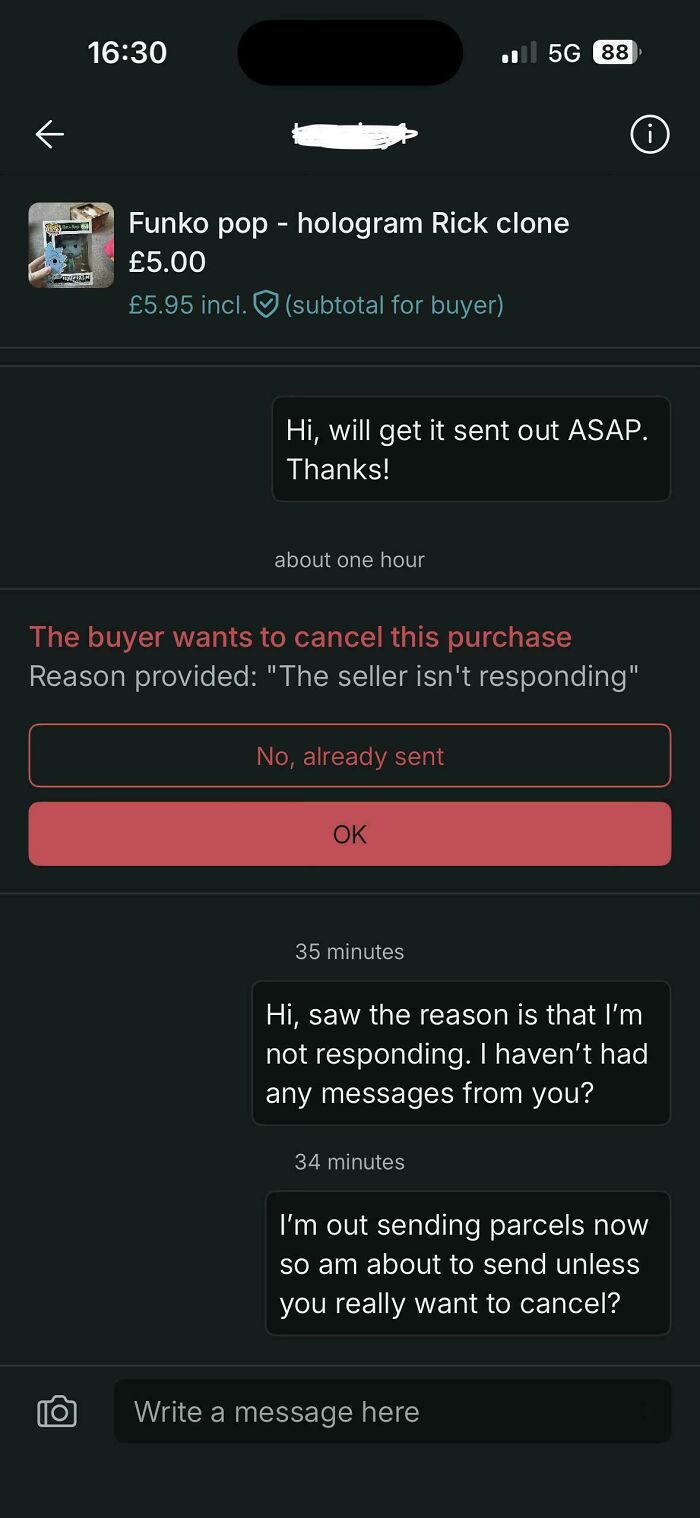 Vinted chat showing buyer wants to cancel Funko Pop purchase over seller response claim