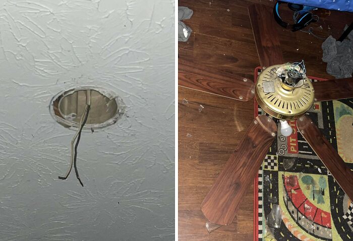 Ceiling light fixture missing with exposed wires and broken fan on floor showing risky situation