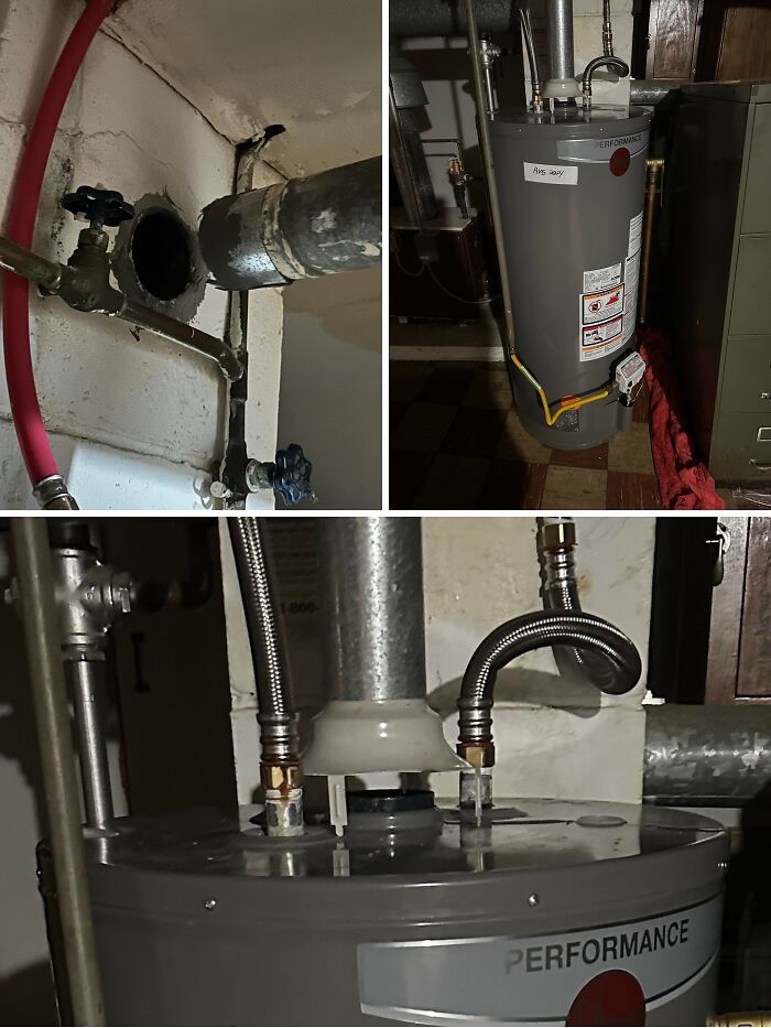 Close-up of water heater pipes and valves in risky situation