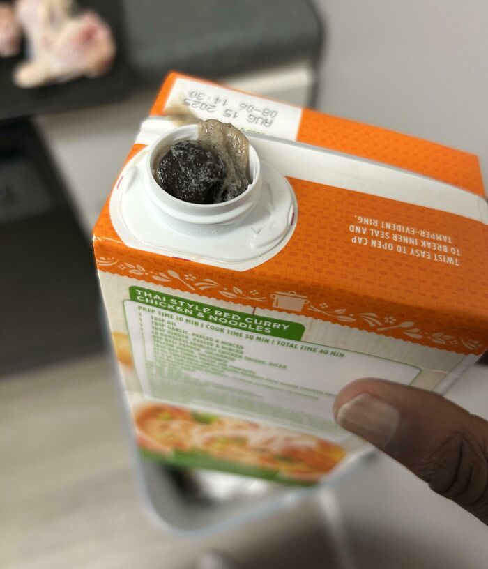Moldy spoiled Thai style red curry chicken and noodles carton