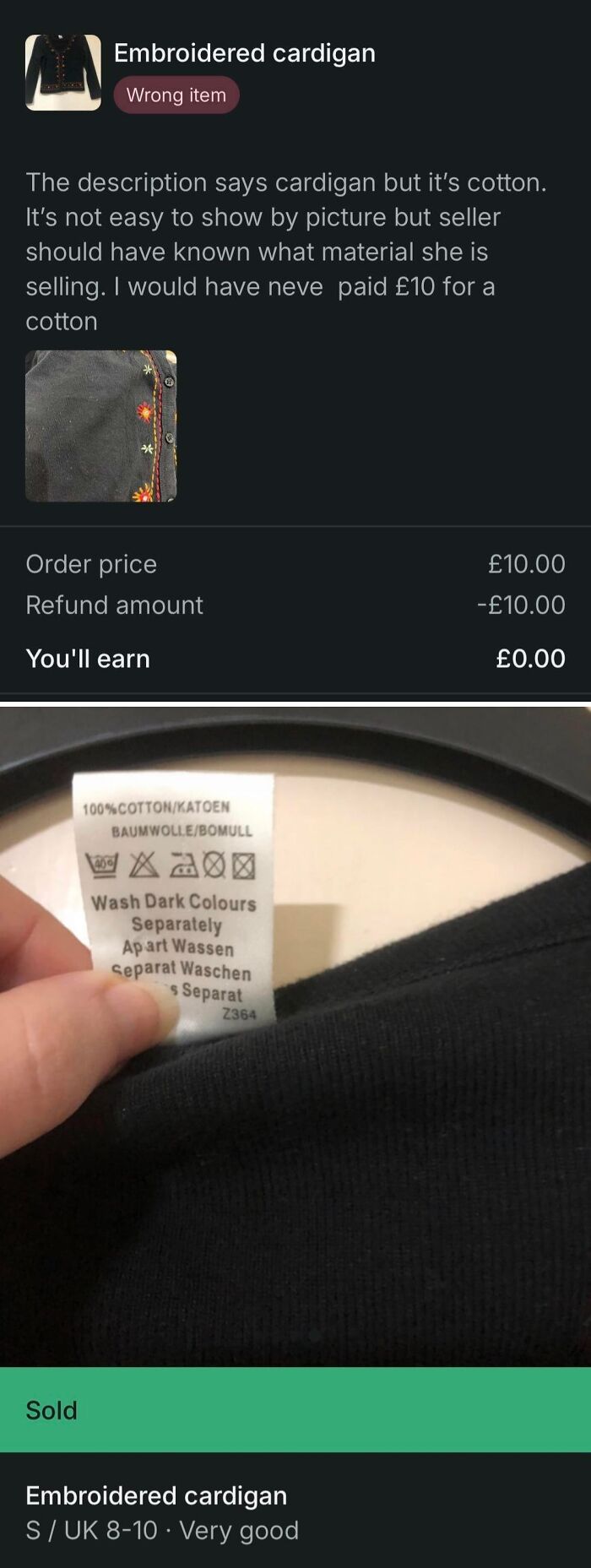 Buyer complaint and refund for embroidered cardigan on Vinted