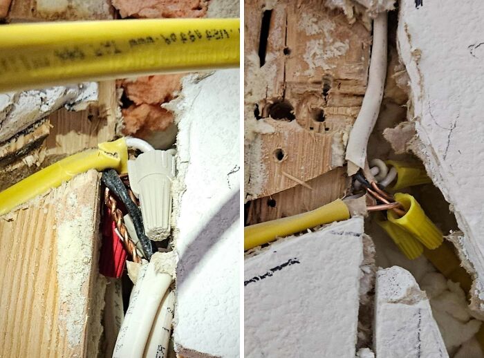 Unsafe exposed electrical wiring with yellow cables behind drywall risky survival situation