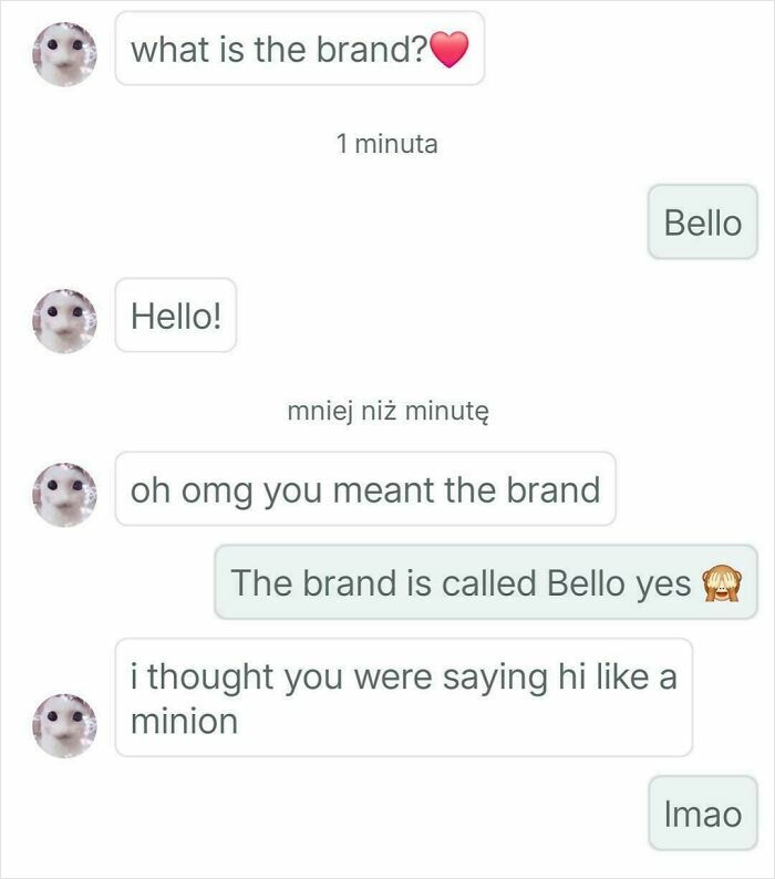 Misunderstanding about brand name Bello in Vinted chat conversation