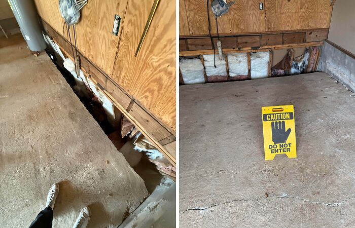 Large gap in floor with exposed insulation and wood paneling risky survival situation
