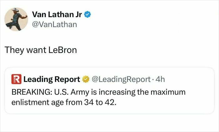 Tweet about U.S. Army increasing enlistment age humorously mentioning LeBron