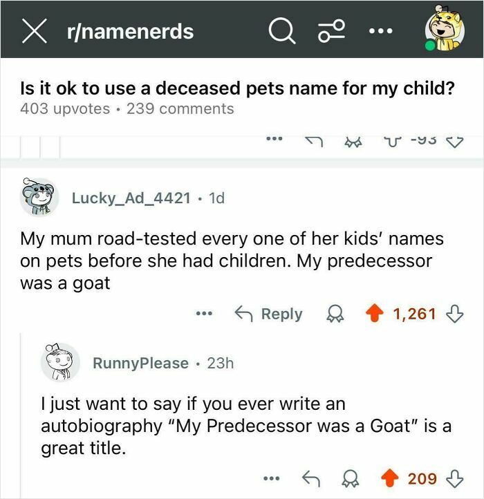 Reddit post about using deceased pet names for children