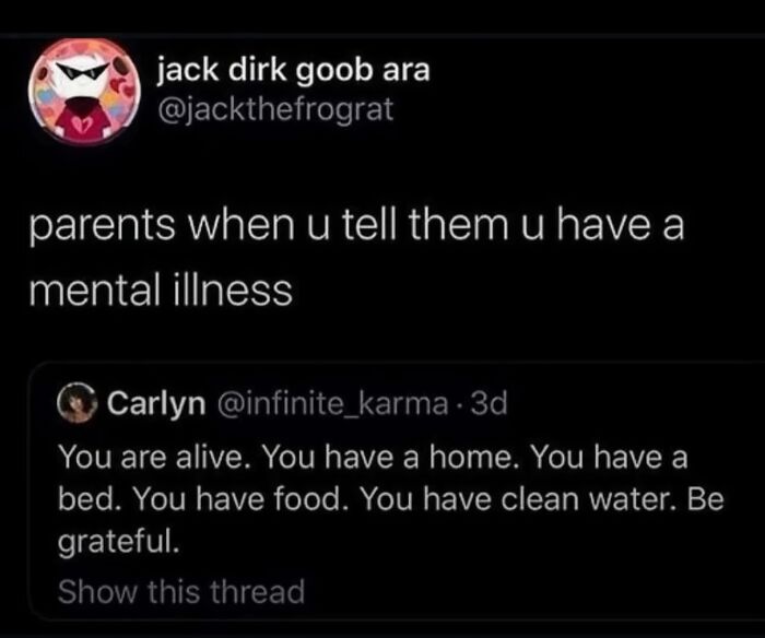 Tweet about parents' reaction to mental illness disclosure