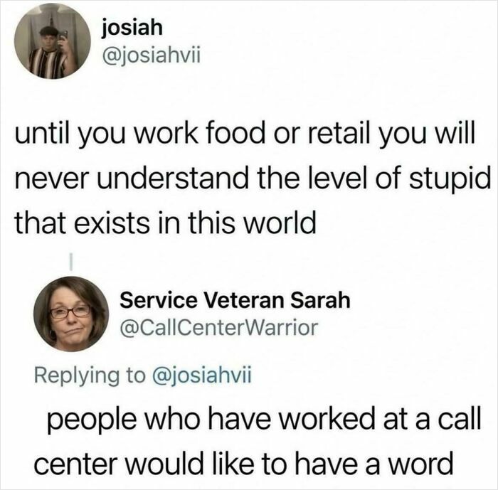 Twitter reply about working in food, retail, and call centers