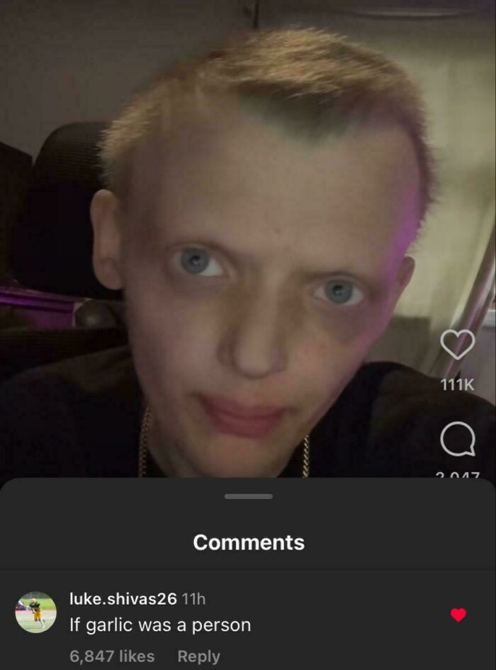 Man portrait with comment comparing him to garlic