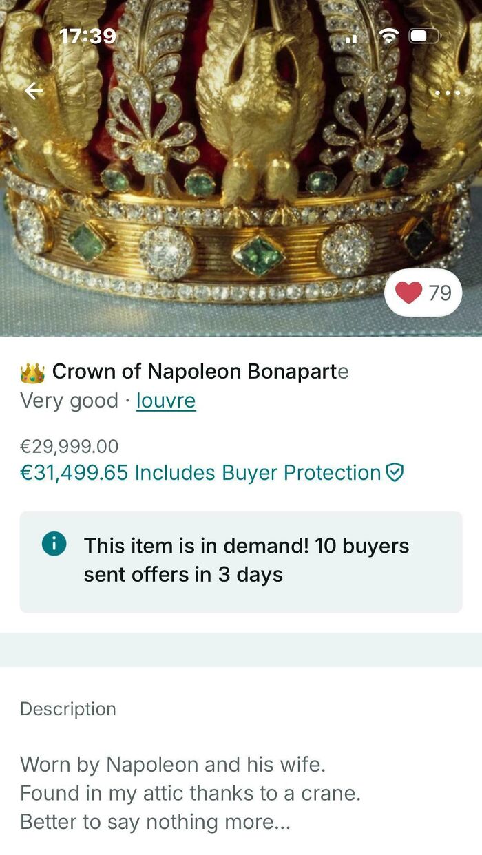 Vinted listing of crown of Napoleon Bonaparte priced over 29,000 euros