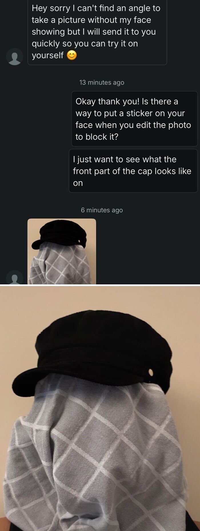 Vinted chat with seller hiding face under cloth wearing a black cap