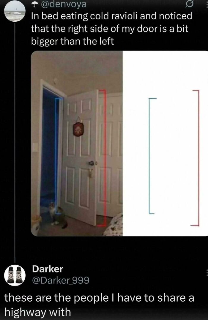 Tweet about door size difference with humorous highway sharing reply