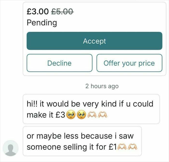 Vinted offer negotiation showing request for price reduction to three pounds