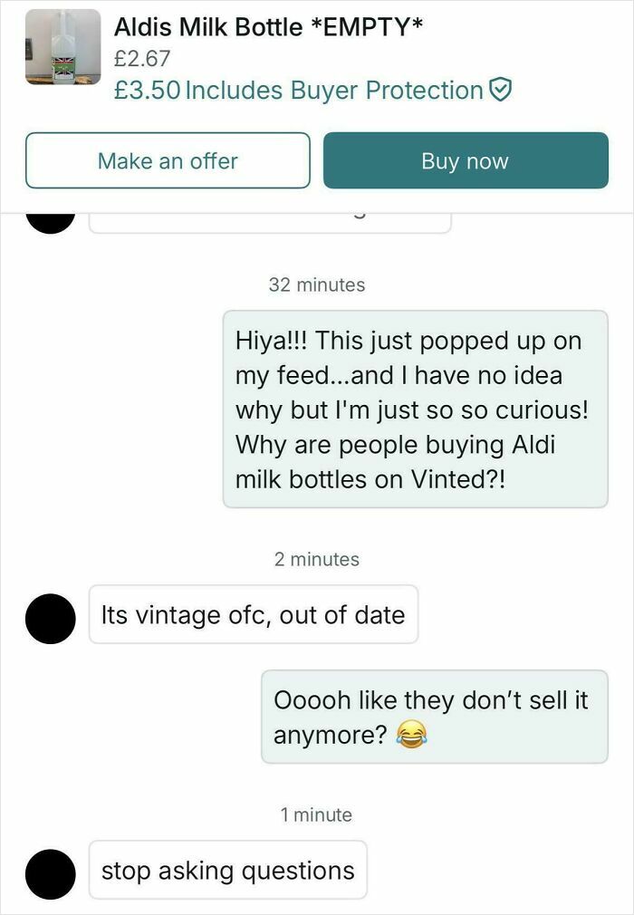 Buyer puzzled over people buying Aldi milk bottles on Vinted