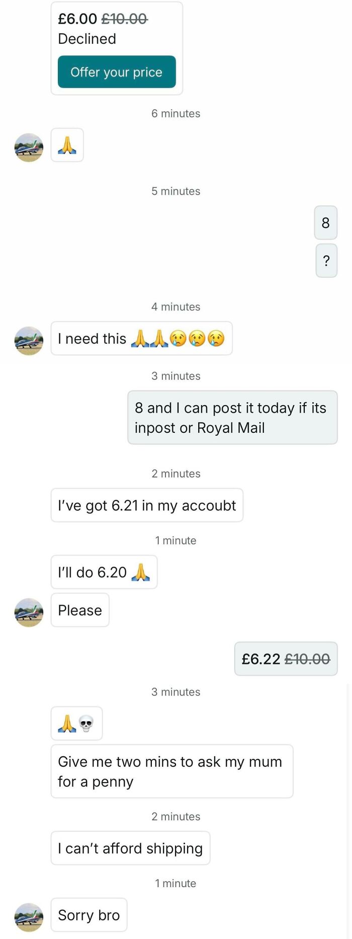 Negotiation for price on Vinted with buyer unable to afford shipping