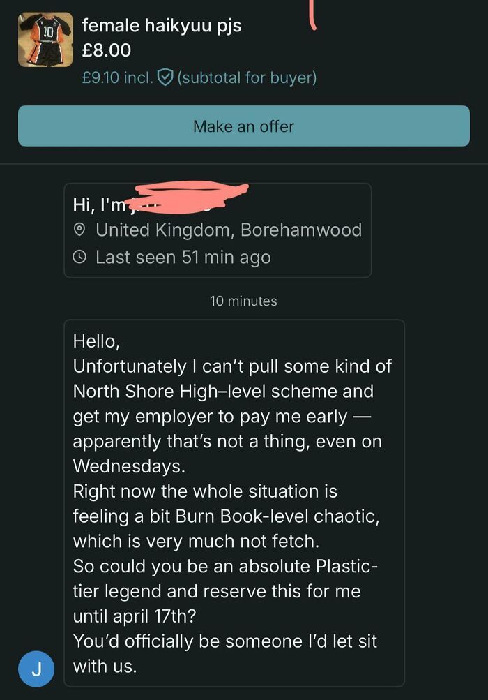 Vinted message where buyer asks seller to reserve female Haikyuu pajamas until April