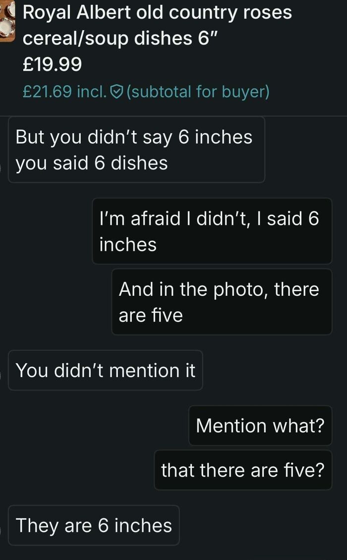 Confusing chat about Royal Albert dishes size and quantity on Vinted listing