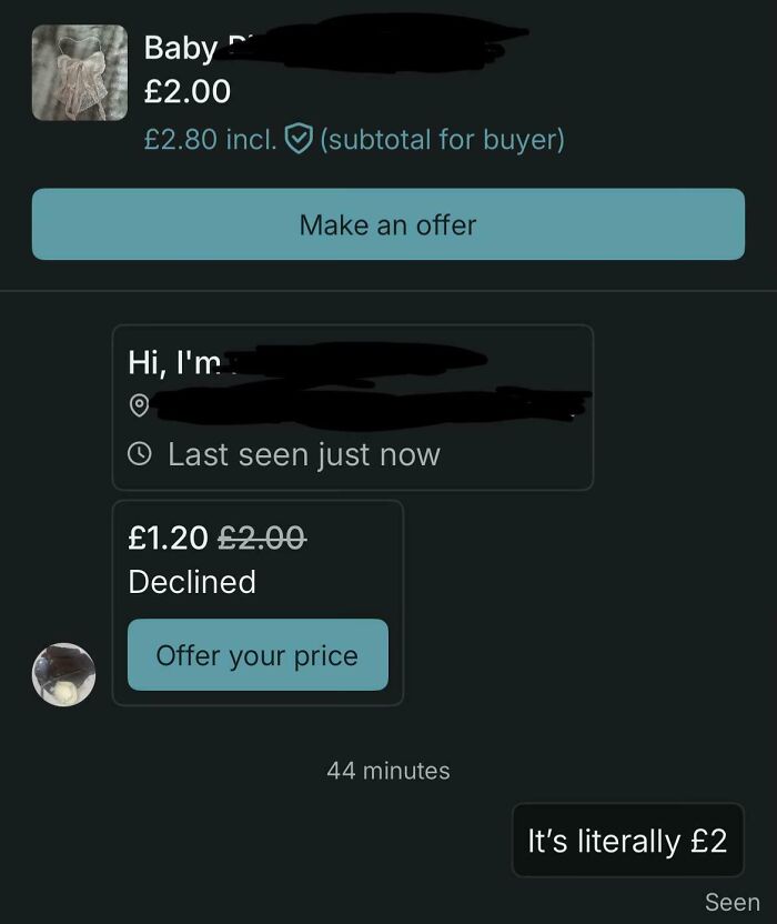 Screenshot of price negotiation chat on Vinted for baby dress with declined offer