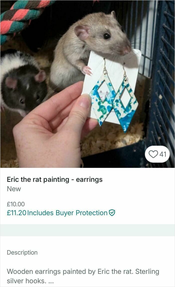 Pet rat holding card with wooden earrings in Vinted listing