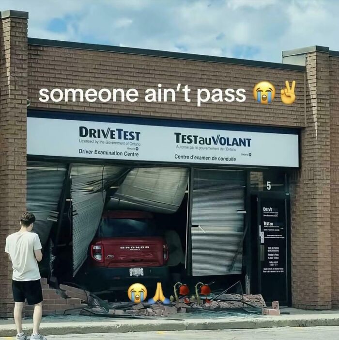 Red truck crashed into driver examination center humor screenshot