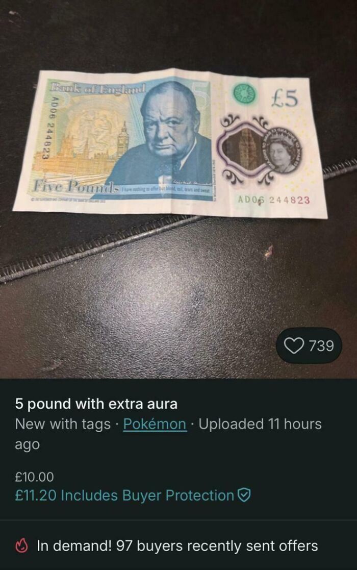 Vinted listing of five pound note humorously tagged Pokémon with buyer protection