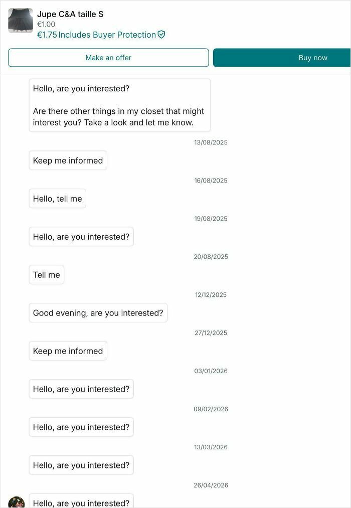 Screenshot of repeated seller messages on Vinted asking if buyer is interested over months