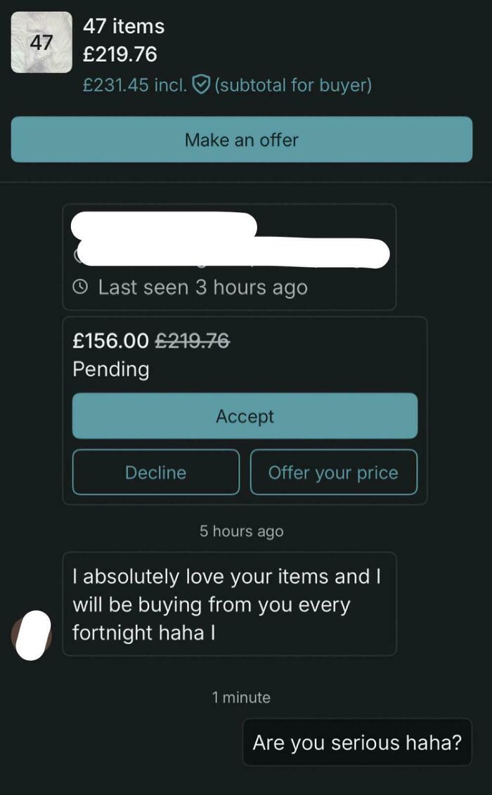Vinted offer screen with buyer praising items and seller responding skeptically