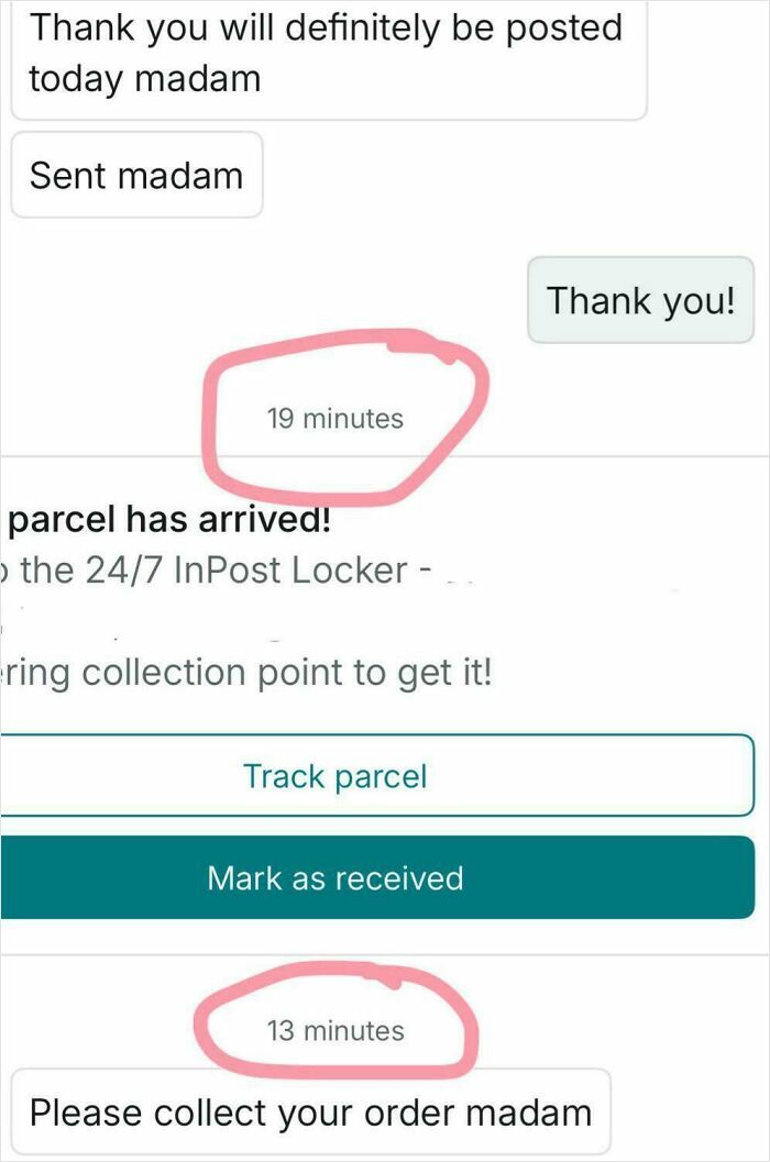 Messages about a Vinted parcel arrival with quick time stamps