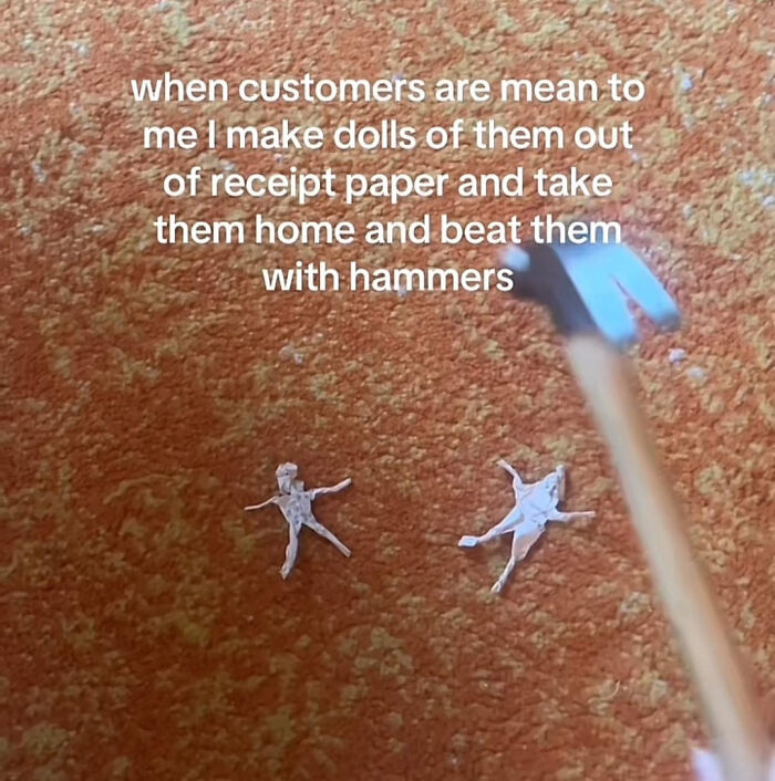 Humorous revenge meme with paper dolls and hammer on carpet