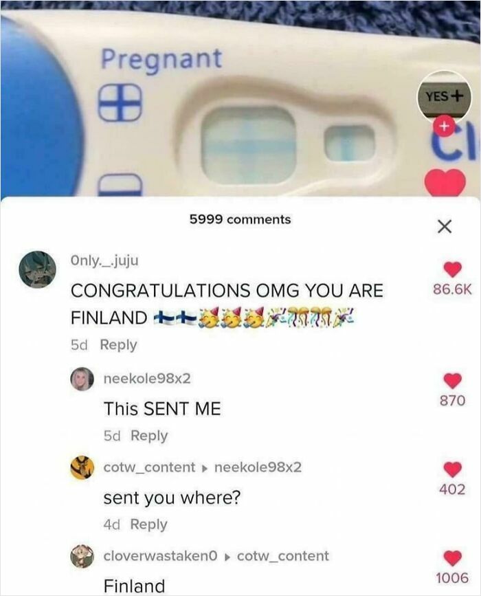 Pregnancy test showing positive result with funny Finland comment