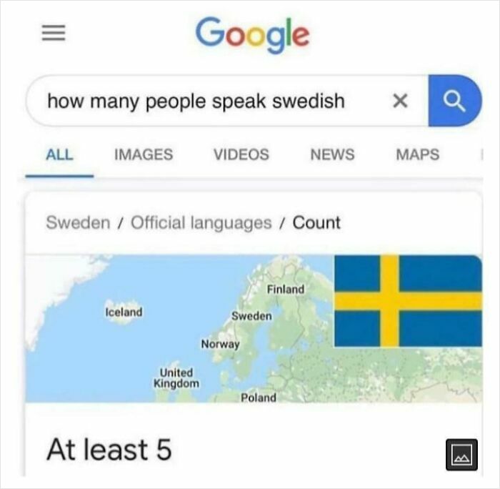 Humorous Google search screenshot about number of Swedish speakers