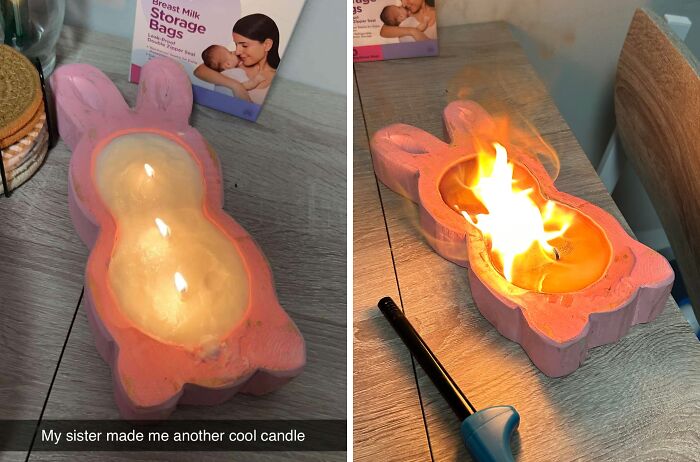 Bunny-shaped candle mold with flames burning inside