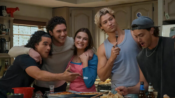 Cast of Bridgerton happily gathered in kitchen scene from Prime Video series Cast of Bridgerton happily gathered in kitchen scene from Prime Video series