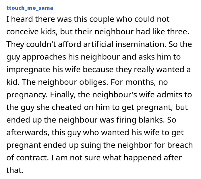 Plot twist about a neighbor impregnating a couple's wife leading to a lawsuit