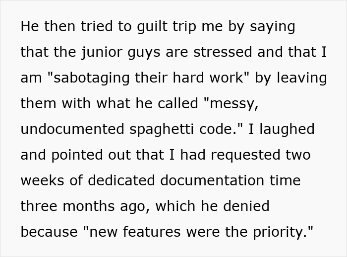 Text details a developer being called a budget burden and the company panicking without him, highlighting the system broke.