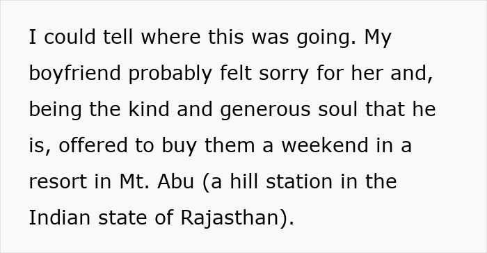 Text excerpt about boyfriend offering a weekend resort trip in Mt. Abu highlights entitlement and need to recover. Text excerpt about boyfriend offering a weekend resort trip in Mt. Abu highlights entitlement and need to recover.