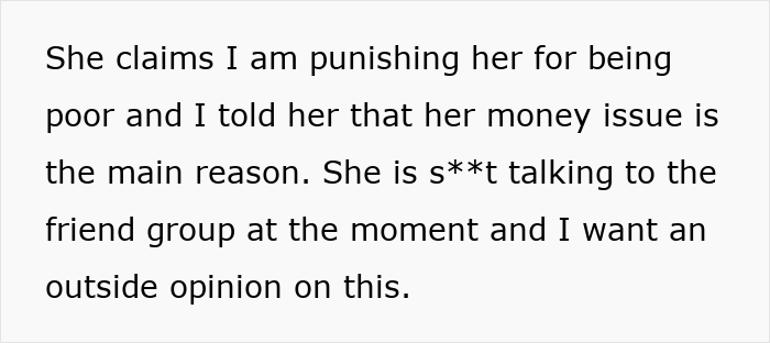 Text excerpt describing a dispute over money issues and bridesmaid exclusion Text excerpt describing a dispute over money issues and bridesmaid exclusion