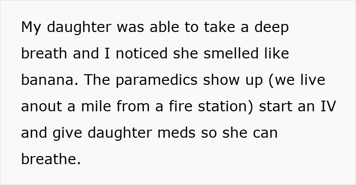 Text describing paramedics treating a child with allergies to banana, emphasizing the ER visit.