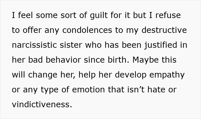 Text discussing guilt and refusing condolences to narcissistic sister Text discussing guilt and refusing condolences to narcissistic sister