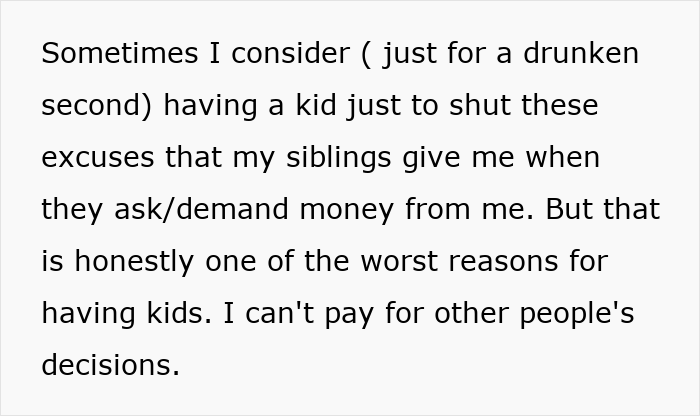 Text about resisting pressure to have kids to avoid financial demands