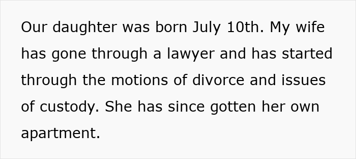 Wife initiates divorce and custody after daughter's birth Wife initiates divorce and custody after daughter's birth
