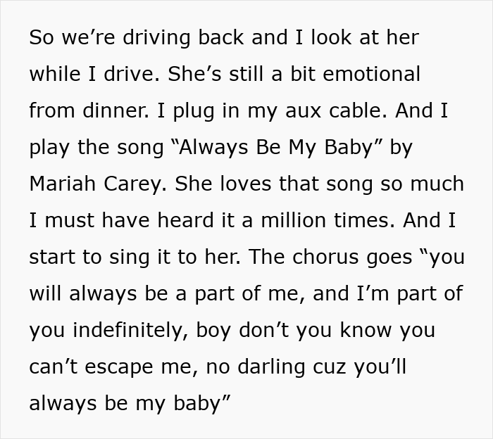 Text excerpt about a man remembering singing Always Be My Baby to his wife, regretting leaving her.