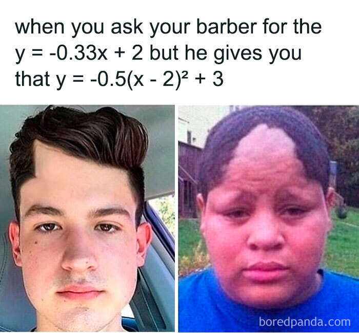 Funny math memes comparing bad haircuts to different equations, bringing math trauma back.