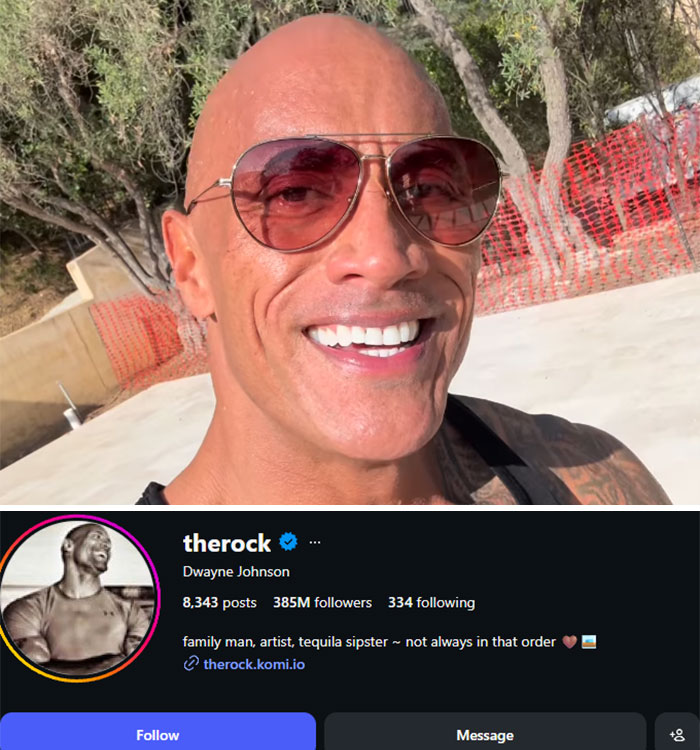 Dwayne 'The Rock' Johnson smiling in sunglasses, with his Instagram profile showing 385M followers, illustrating celebrity follower loss.